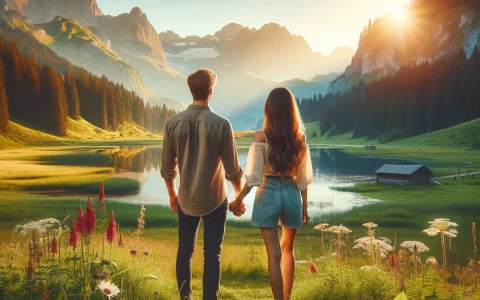 DALL·E 2024-05-02 17.32.09 - A romantic scene depicting a couple viewed from behind, standing together in a beautiful environment. The couple, dressed casually, are holding hands