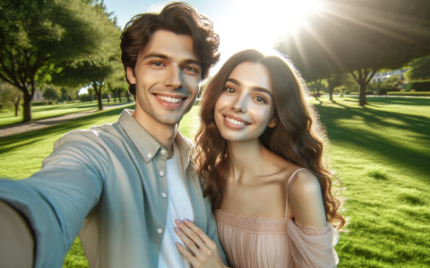 DALL·E 2024-05-09 14.22.48 - A photo-realistic image of a happy couple outdoors in a park on a sunny day, captured from a wider angle. The setting includes natural lighting withou
